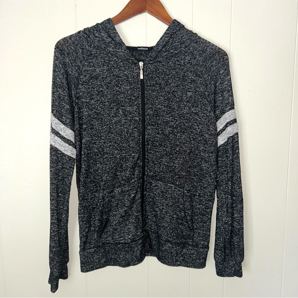 Gray Zip-Up‎ Hoodie with Striped Sleeves
